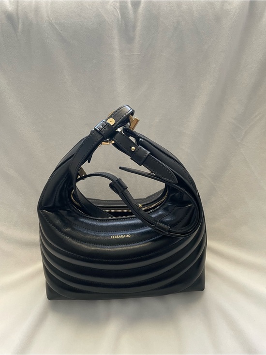 Salvatore Ferragamo Handbags - Salvatore Ferragamo Black Quilted Leather Hobo Shoulder Bag with Gold Hardware
